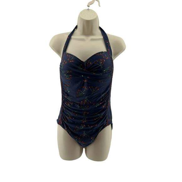 Nip Tuck Swim One Piece Bathing Suit Navy Cherry Print Slimming Womens 8 - Picture 1 of 5
